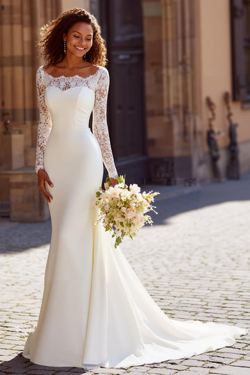 Robe de mariée à manches longues traîne de sirène blanche avec dentelle